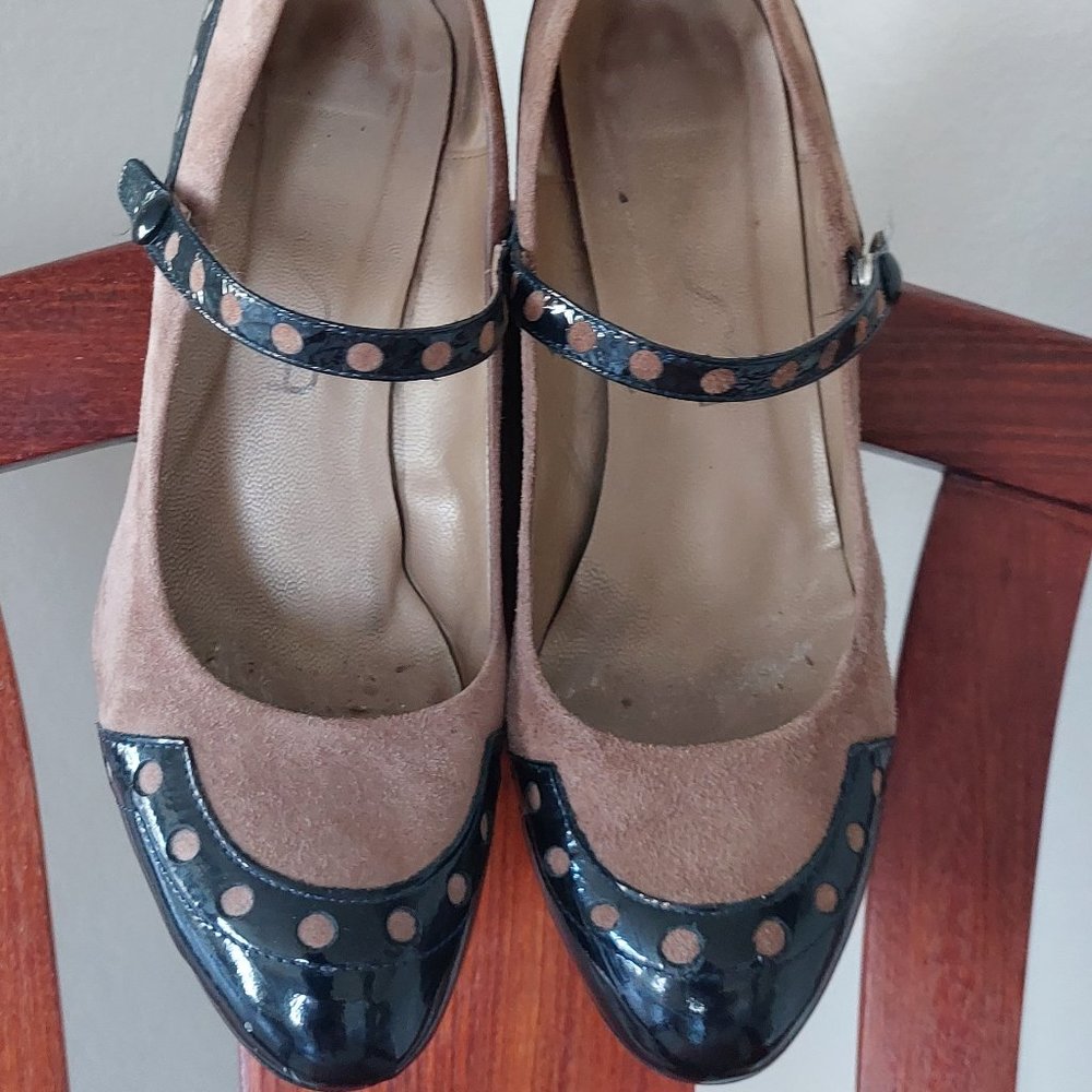 Unisa Tan Suede & Navy Patent Mary Jane Pumps